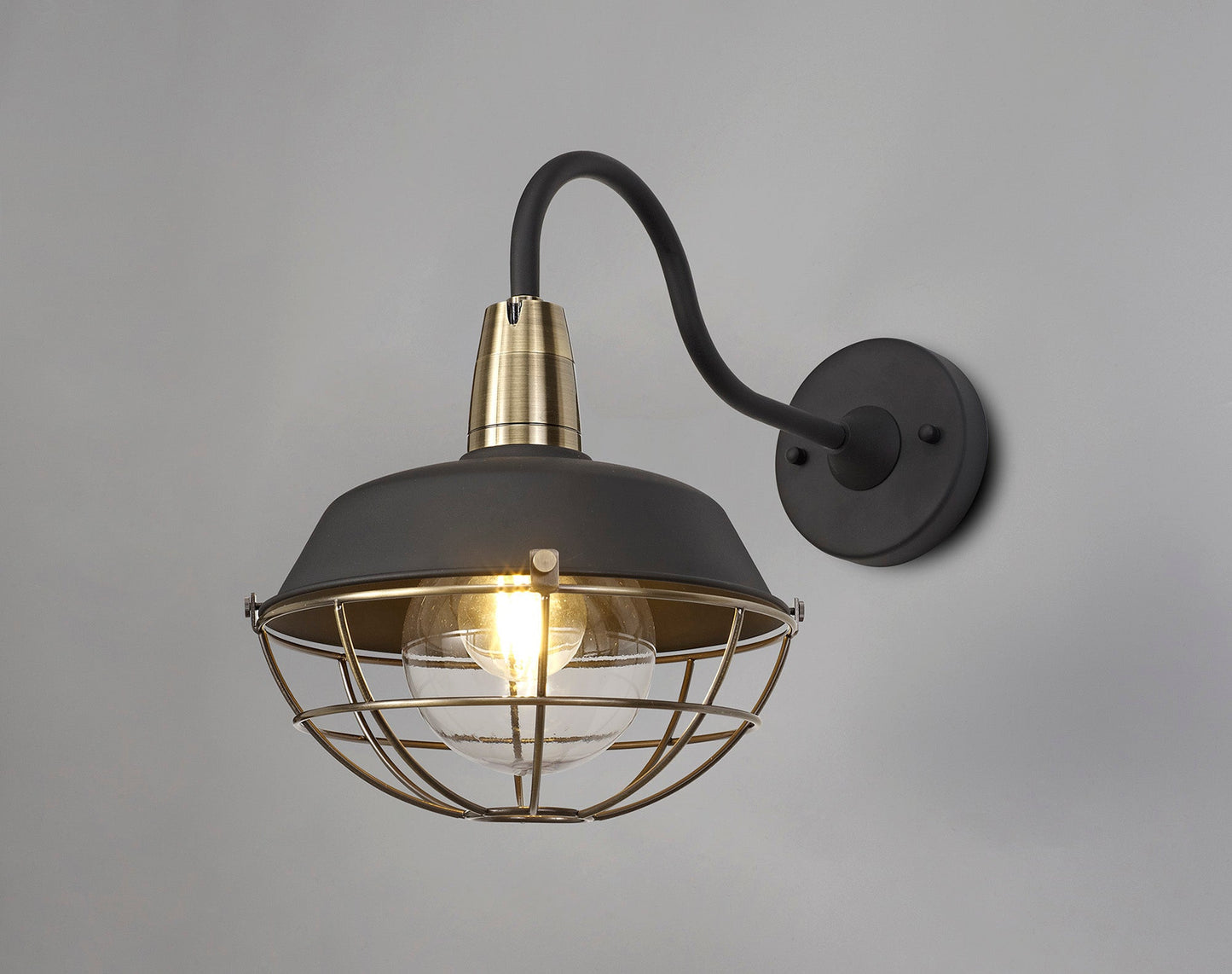 Sutton Wall Lamp, 1 Light E27, IP65, Matt Black and Antique Brass, 2yrs Warranty