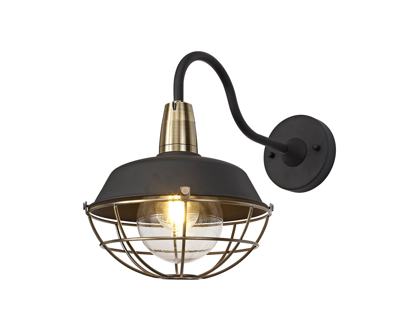Sutton Wall Lamp, 1 Light E27, IP65, Matt Black and Antique Brass, 2yrs Warranty