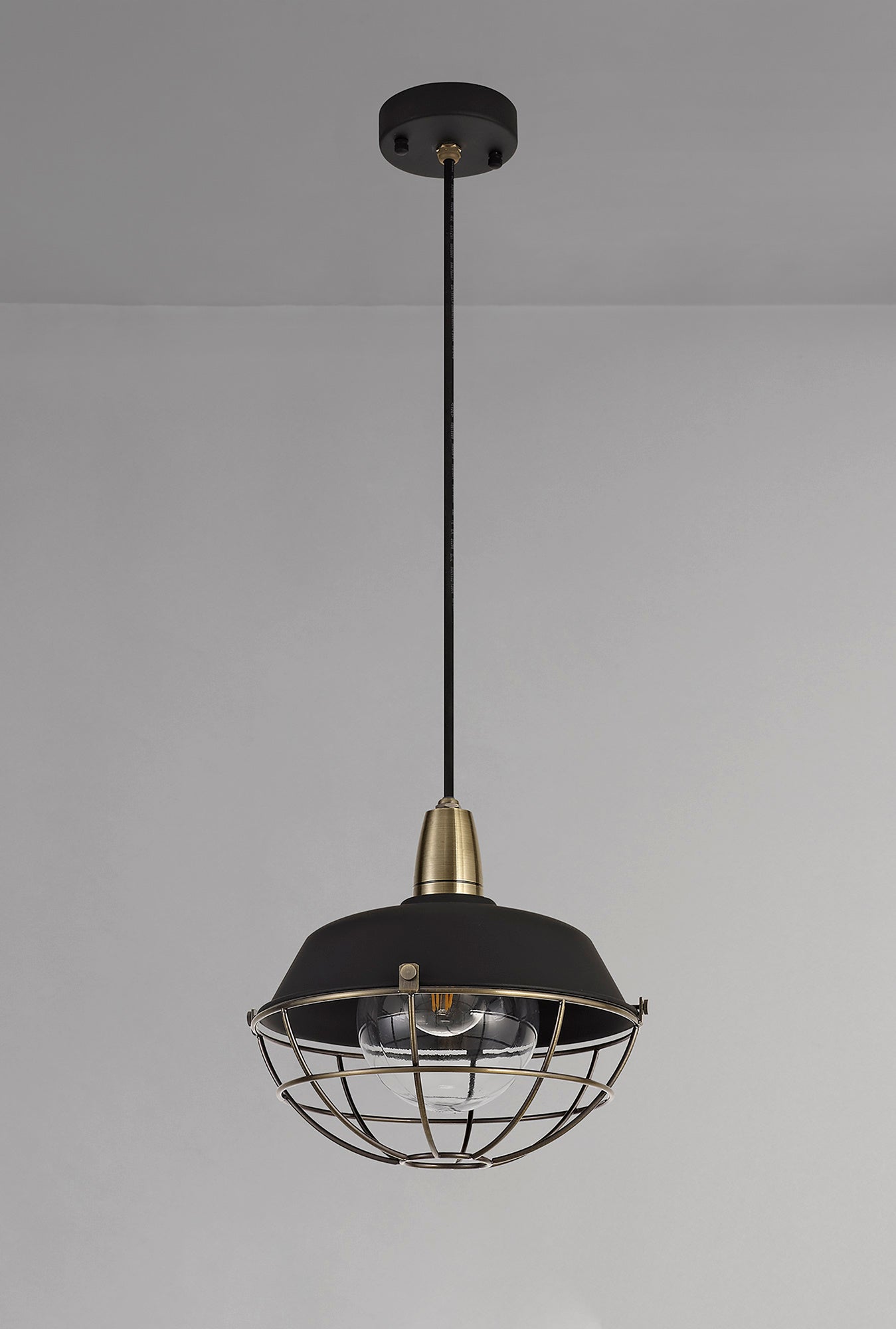 Sutton Pendant, 1 Light E27, IP65, Matt Black and Antique Brass, 2yrs Warranty