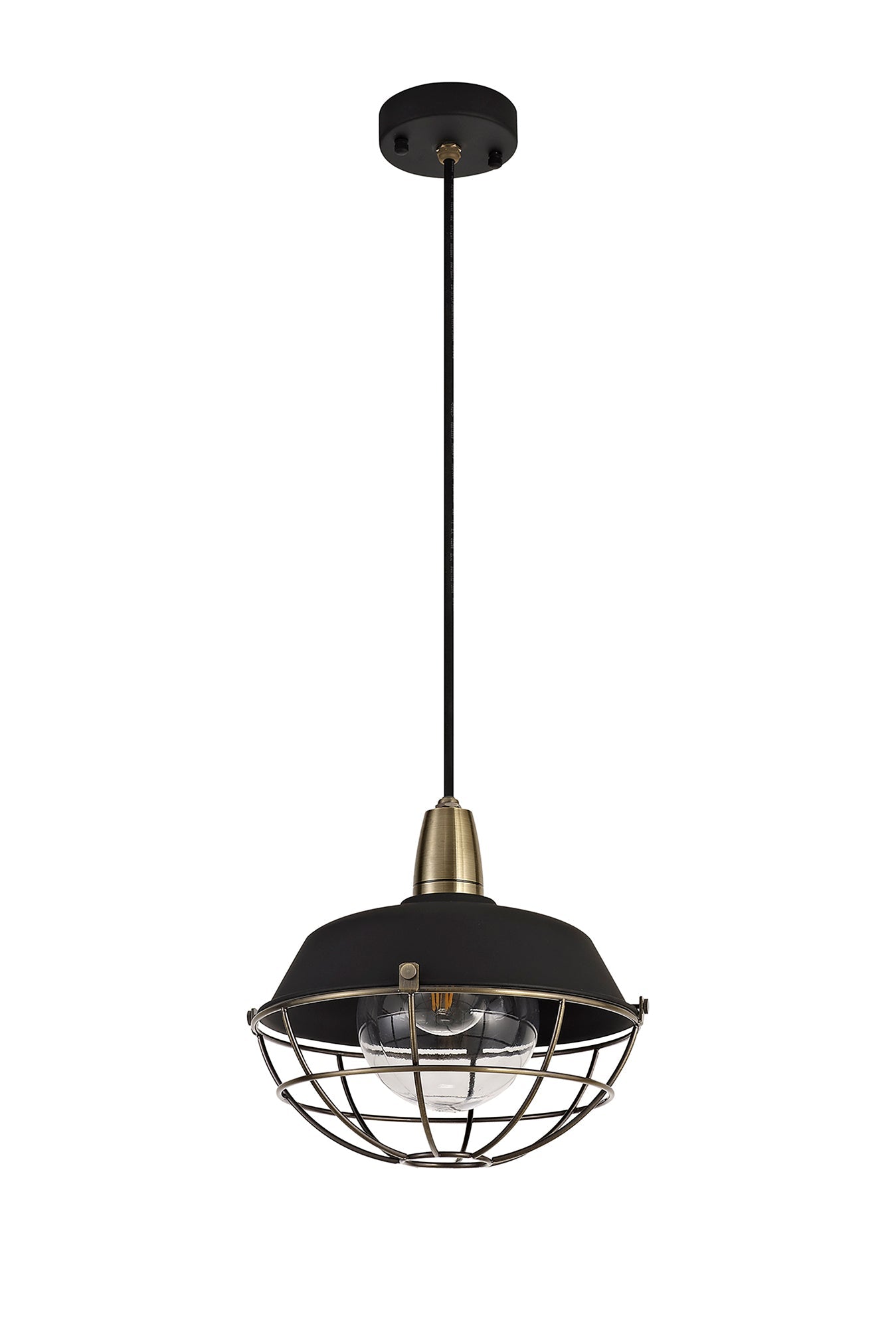 Sutton Pendant, 1 Light E27, IP65, Matt Black and Antique Brass, 2yrs Warranty