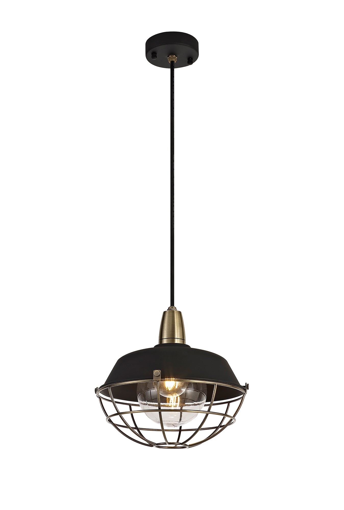 Sutton Pendant, 1 Light E27, IP65, Matt Black and Antique Brass, 2yrs Warranty