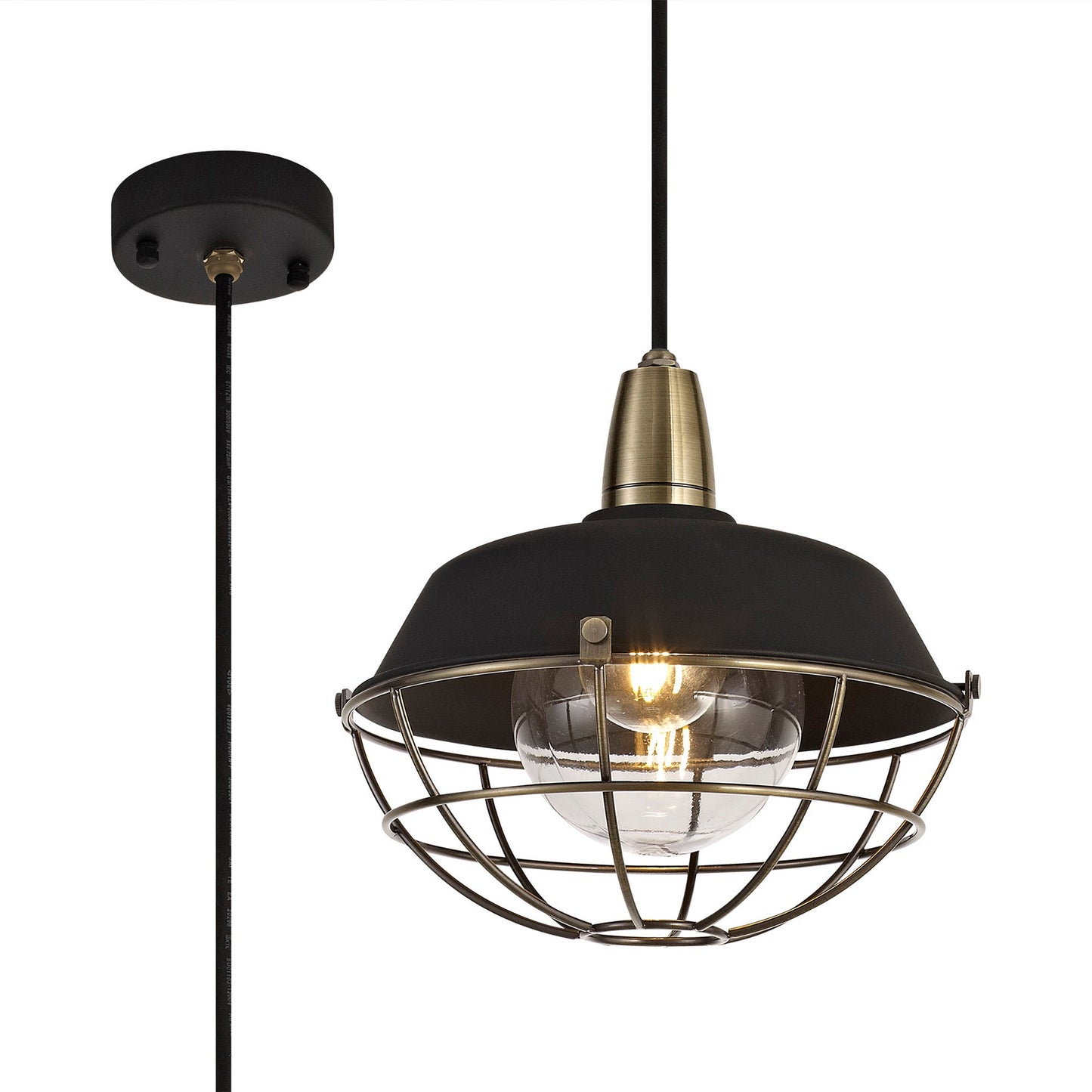 Sutton Pendant, 1 Light E27, IP65, Matt Black and Antique Brass, 2yrs Warranty