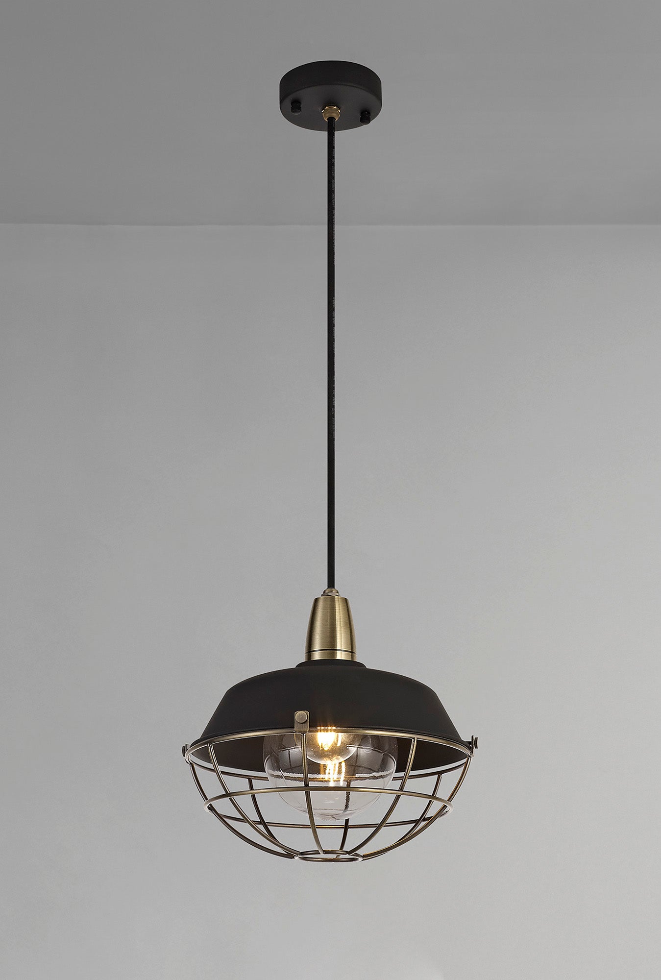 Sutton Pendant, 1 Light E27, IP65, Matt Black and Antique Brass, 2yrs Warranty