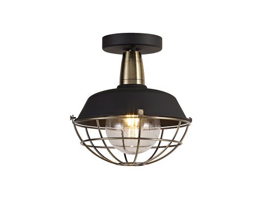 Sutton Semi-Flush Ceiling, 1 Light E27, IP65, Matt Black and Antique Brass, 2yrs Warranty